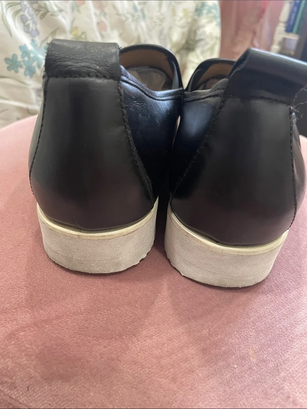 Everlane Black Leather Slip-On Loafers with Cream Platform Sole